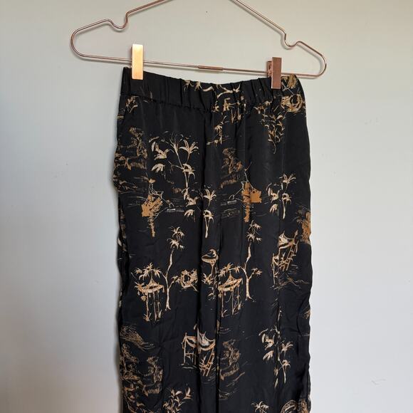 MNG Pants Womens XS Black Gold Asian Print Trouser Boho Silky High Waist Lounge - Picture 3 of 8